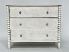 CHEST, shaker style grey painted with three long drawers flanked by bobbin turned pilasters, 103cm x