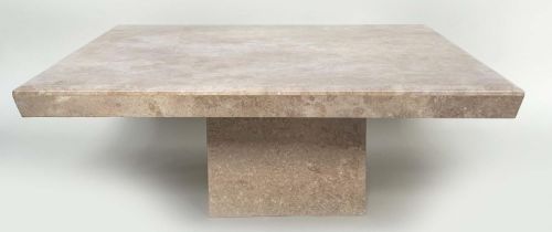 TRAVERTINE LOW TABLE, 1970's Italian square marble on plinth support, 120cm x 120cm x 45cm H.