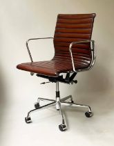 REVOLVING DESK CHAIR, Charles and Ray Eames inspired with ribbed natural mid brown leather
