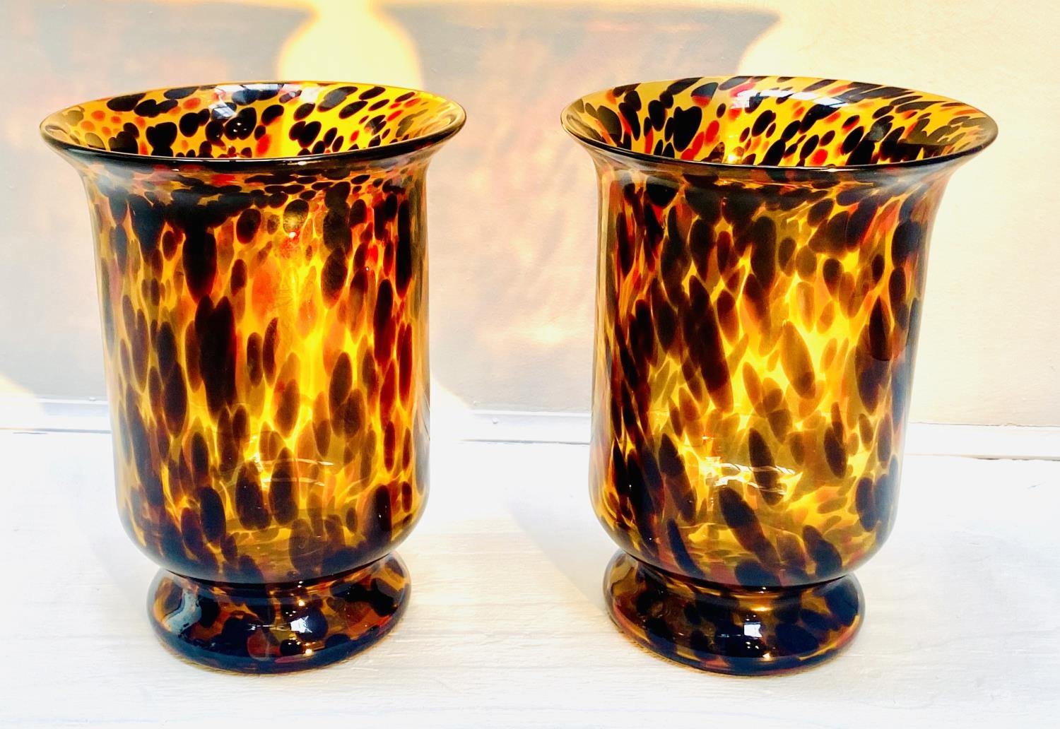 VASES, a pair, 30cm high, 22cm diameter, Murano style tortoiseshell glass. (2)