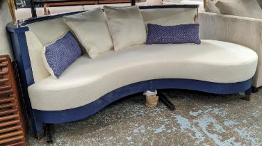 KIDNEY SHAPED SOFA, 186cm W x 83cm H x 80cm D, with blue lacquered frames and neutral boucle