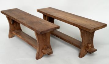 BENCHES, a pair, yewwood with trestle end supports, 116cm W x 28cm D x 44cm H. (2)