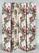SCREEN, arched four fold parakeet floral printed, 165cm x 37cm each panel.