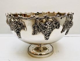 CHAMPAGNE COOLER, 25cm H x 37cm diam., with grape vine detail, polished metal.