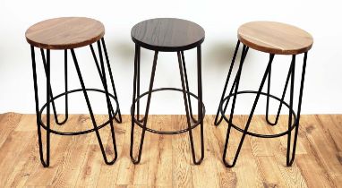 BAR STOOLS, a pair and one other similar, 67cm H x 47.5cm diam at largest. (3)