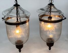 BELL JAR HALL LANTERNS, a pair, glass reeded tapering and bronze style mounted, 58cm H x 34cm. (2)