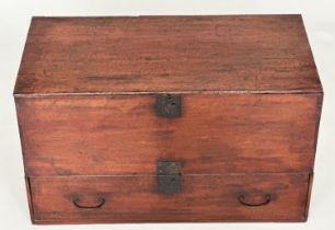 JAPANESE TRUNK, 19th century firwood lacquered with rising lid, full width drawer, iron mounts and