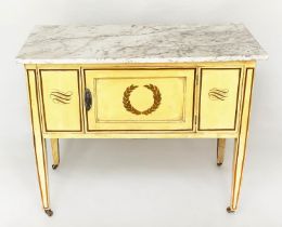 SIDE CABINET, Edwardian lemon yellow painted with marble top above gilt wreath and scroll decoration