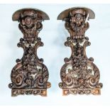 WALL MOUNTED BRACKETS, a pair, hand carved in the Rococo style, with plinth tops supported by scroll