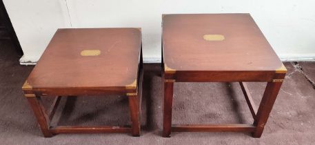 LAMP TABLES, 51cm H and 41cm H, both 56cm W x 56cm D, two similar, campaign style mahogany and brass
