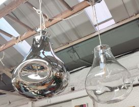 CEILING PENDANT LIGHTS, 35cm high, two similar, one silvered glass, the other clear glass. (2)