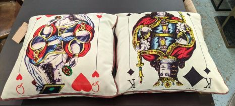 CUSHIONS, a set of two, one printed with the king of diamonds, the other with the queen of hearts,