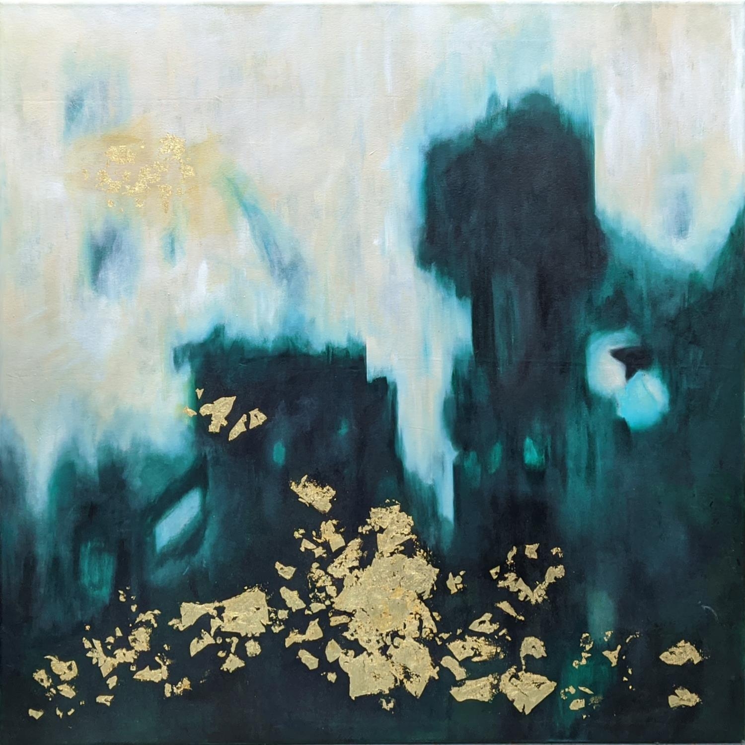 OIL ON CANVAS CONTEMPORARY SCHOOL ABSTRACT, aquamarine with 125cm x 125cm, gilt detail.