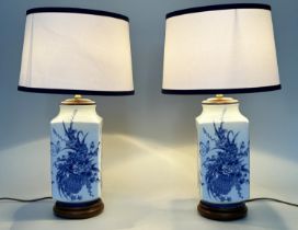 TABLE LAMPS, a pair, Chinese blue and white ceramic on carved stands (with shades), 70cm H. (2)