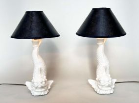 CASA PUPO LAMPS, a pair, Spanish white ceramic in the form of inverted dolphins (old repairs), 52cm.