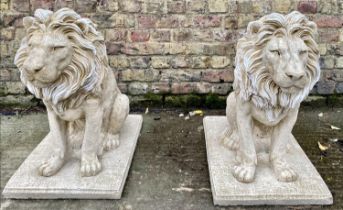 SCULPTURAL SEATED LIONS, a pair, composite stone, 69cm H. (2)