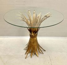 MAISON JANSEN STYLE SIDE TABLE, 60cm high, 70cm diameter, wheat sheaf design, gilt metal, glass top.