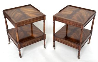 LAMP TABLES, a pair, George III design flame mahogany and crossbanded each with brushing slide and