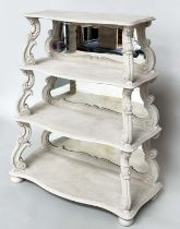 DISPLAY SHELVES, Continental carved and grey painted serpentine with three mirror-backed tiered