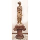 STATUE OF VENUS, stone cast with a mahogany ionic column, 117cm Total H, 77cm Statue H, 38cm W.