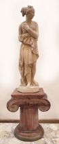 STATUE OF VENUS, stone cast with a mahogany ionic column, 117cm Total H, 77cm Statue H, 38cm W.