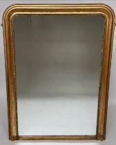 WALL MIRROR, 19th century French giltwood and gesso moulded with arched beaded frame, 99cm x 134cm