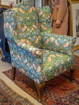 WING ARMCHAIR, 114cm H x 78cm, early 20th century walnut in William Morris strawberry thief