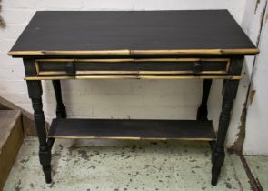 WRITING TABLE, 75cm H x 94cm W x 46cm D, black painted and bamboo edged with single drawer.