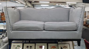 SOFA, two seater, grey upholstered, studded frame, with two loose back cushions, shaped back, 74cm H