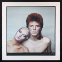 DAVID BOWIE AND TWIGGY PIN UPS LP COVER, signed by photographer Justine Villeneuve, 52cm x 49cm.