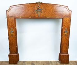 FIRE SURROUND, early 20th century satin wood, polychrome and gilt heightened ornately decorated with