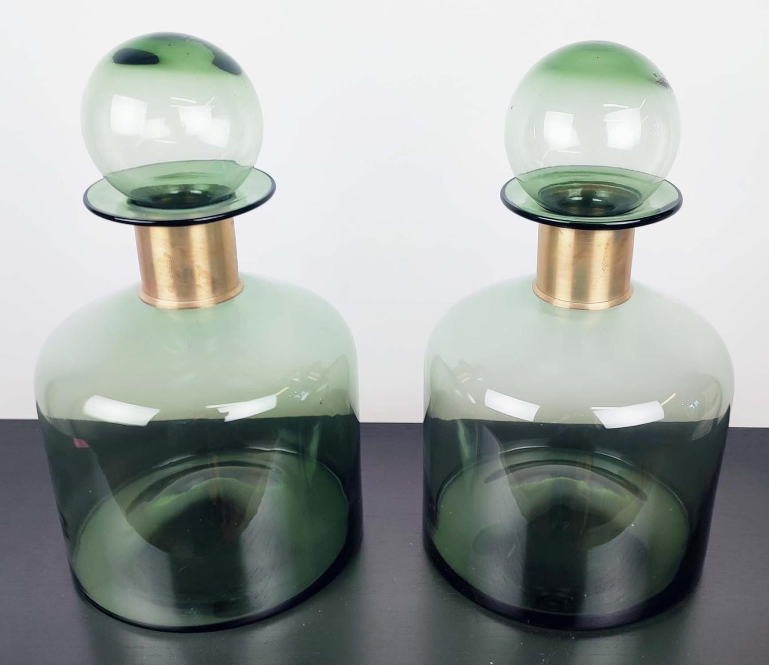 DECANTERS, a pair, Murano style, green glass, gilt metal collars, 37cm high. (2) - Image 3 of 3