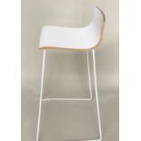 BAR STOOLS, a pair, white laminated plywood on chrome support with footrest, 90cm high, 38cm wide,