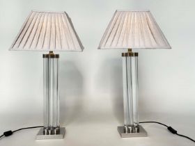 TABLE LAMPS, a pair, Art Deco style of four column glass clusters with square nickel plinths and