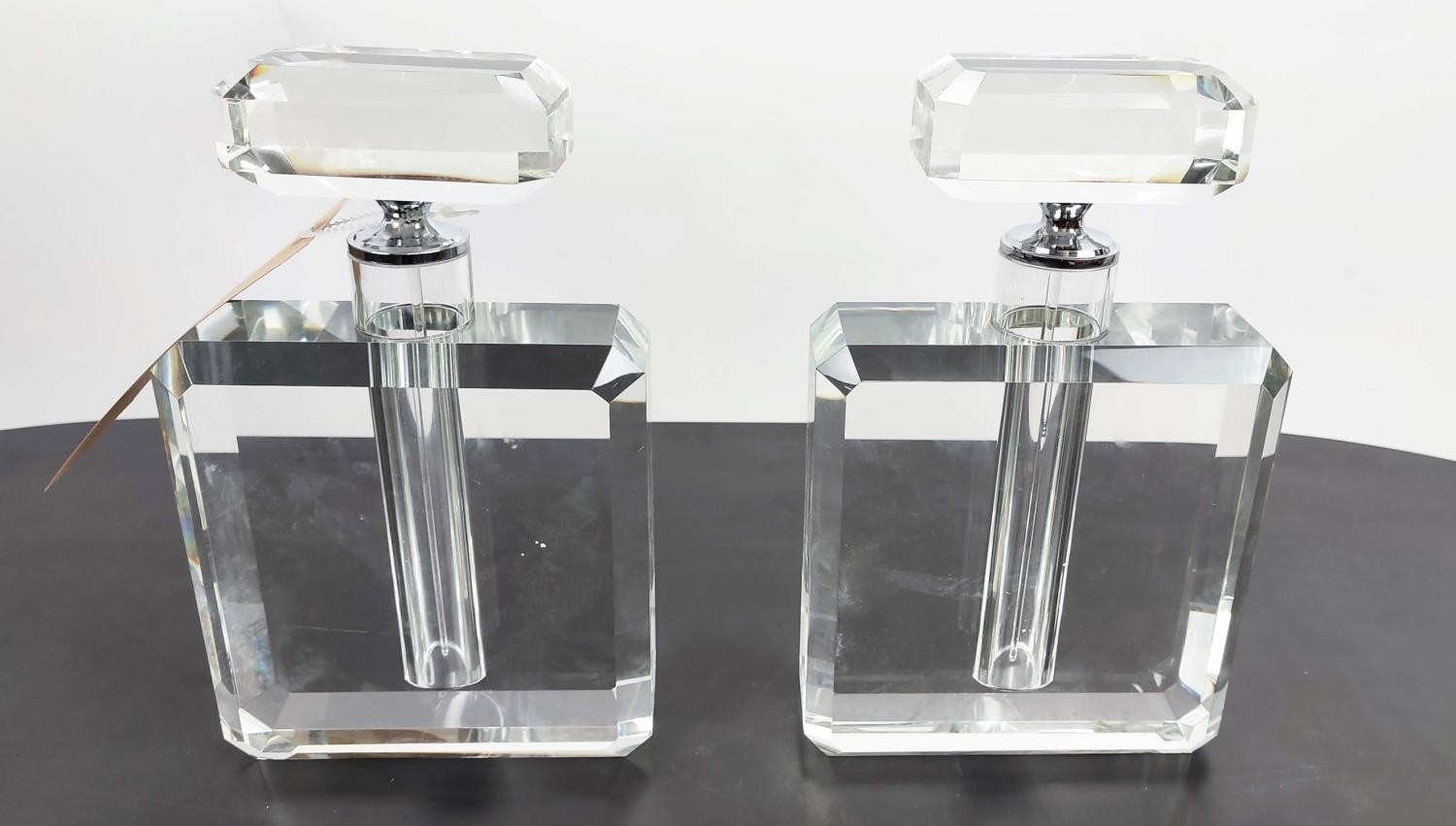 SCENT BOTTLES, pair, Art Deco style, cut glass, 26cm high, 16cm wide, 6cm deep. (2) - Image 2 of 4