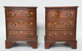 BEDSIDE CHESTS, a pair, George III design mahogany and crossbanded with three long drawers, 46cm W x