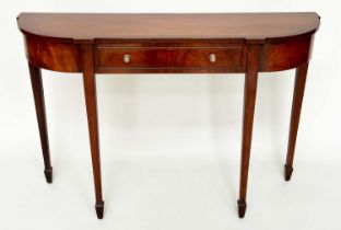 HALL TABLE, George III design flame mahogany, rounded rectangular with frieze drawer, 122cm x 35cm x