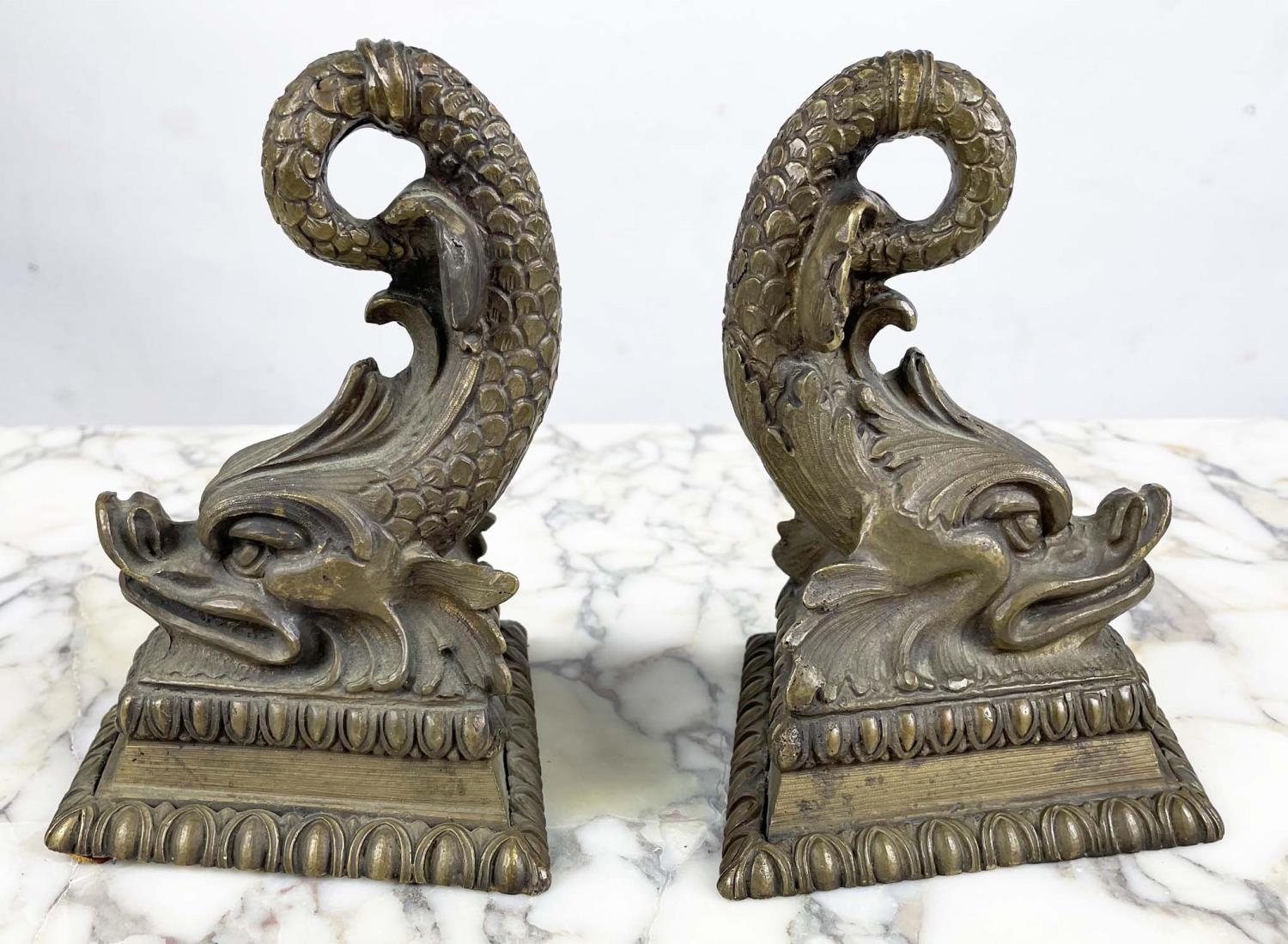 DOOR STOPS, four, Regency style bronze dolphins, 20cm H x 12cm W x 12cm L. (4) - Image 3 of 6