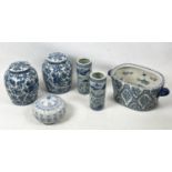 CHINESE GINGER JARS, a pair, with blue and white foliate decoration a pair of sleeve vases a lobed