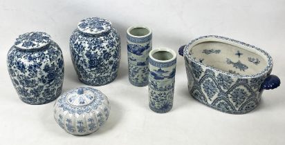 CHINESE GINGER JARS, a pair, with blue and white foliate decoration a pair of sleeve vases a lobed