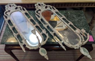 WALL SCONCES, a pair, each with a mirrored panel and three candle sconces in front, 92cm x 30cm. (2)