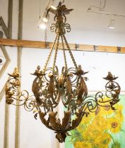 CHANDELIER, 114cm H, including chain, 104cm W, late 19th/early 20th century iron with eight lights.