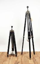 TRIPOD ADJUSTABLE FLOOR LAMPS, a pair, ebonised wood with metal fittings, each approx 150cm H. (2)