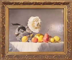 VALERI SHISHKIN (Russian), 'Rose and fruit', 39.5cm x 48.5cm, oil on canvas, signed and framed.