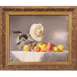VALERI SHISHKIN (Russian), 'Rose and fruit', 39.5cm x 48.5cm, oil on canvas, signed and framed.