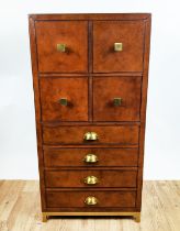 TALL CHEST OF DRAWERS, 41cm x 65cm x 122cm, with eight drawers, tan leathered finish, gilt metal