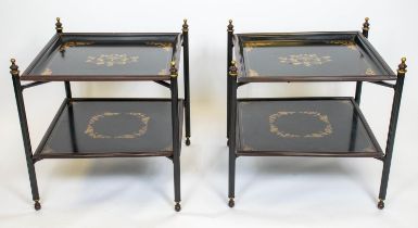 ETAGERES, a pair, 62cm H x 62cm, black metal and gilt decorated with square tiers on folding