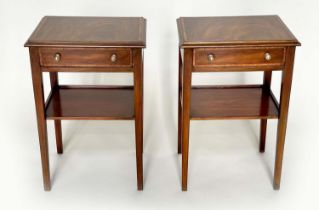 LAMP TABLES, a pair, George III design mahogany and satinwood crossbanded each with drawer and