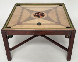 CARROM GAMES TABLE, square glass topped and stretchered supports with counters, 82cm x 82cm x 48cm