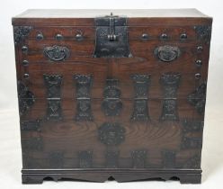 CHEST, 86cm H x 92cm x 39cm, 19th century Korean elm and iron bound with fall front enclosing five